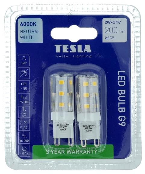 Tesla - G9, 2W, 230V, 200lm LED izzó, 4000K, nappali fehér, 2db