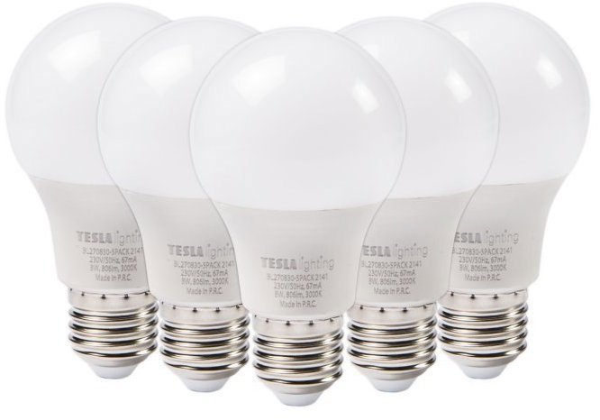 Tesla BULB E27, 9W, 230V, 1055lm, 25 000h, 3000K meleg fehér, 220°, 5 darabos csomag