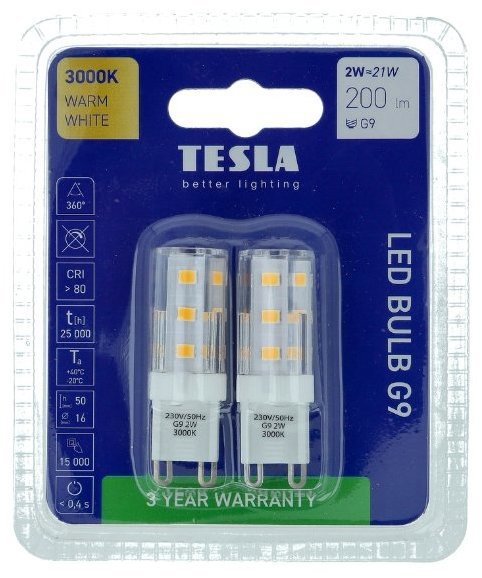 Tesla LED izzó, G9, 2 W, 230 V, 200 lm, 3000 K meleg fehér, 2 db a csomagban