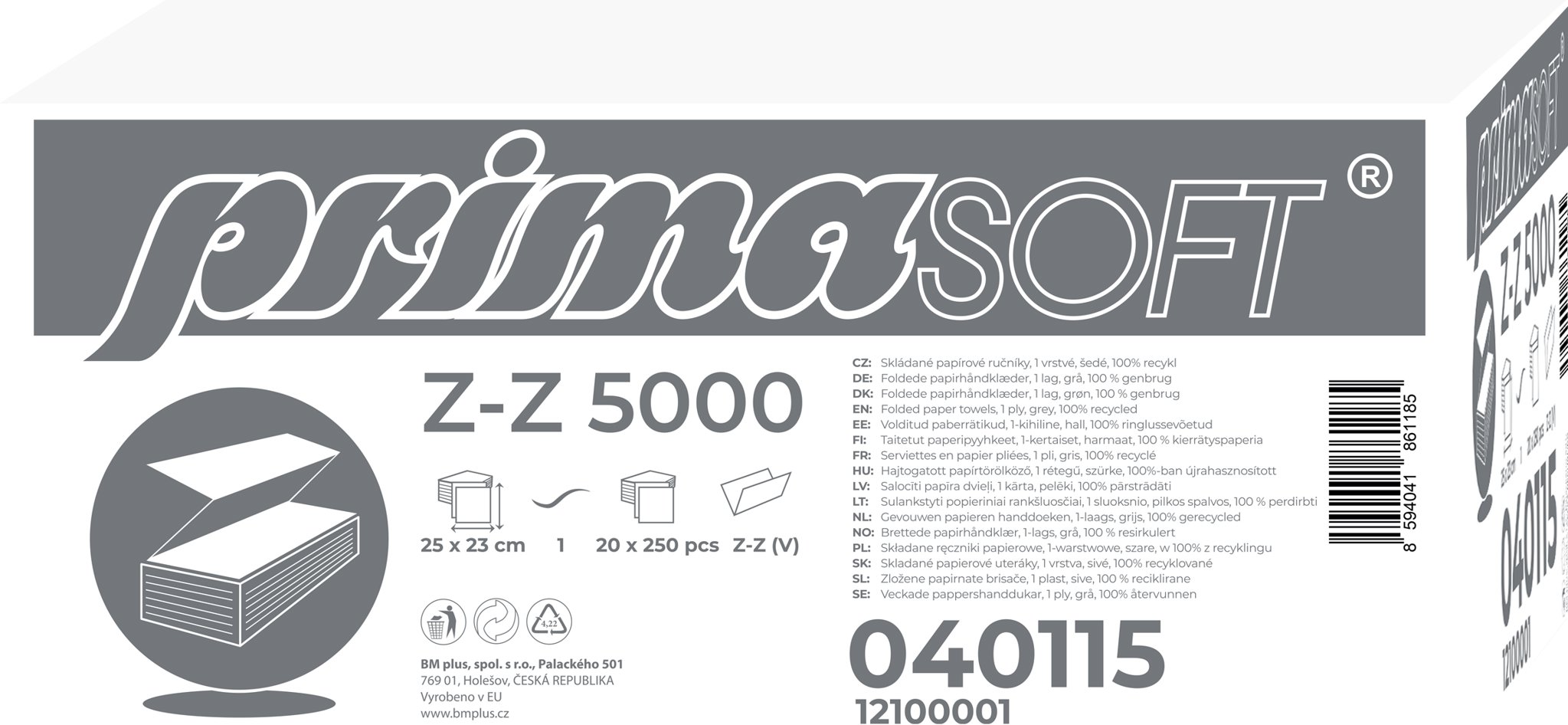 PRIMASOFT kéztörlő ZZ, szürke, 5000 db (20× 250 db)