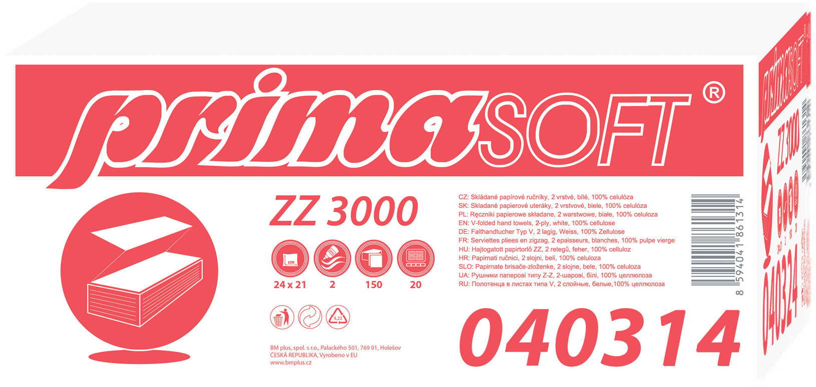 PRIMASOFT kéztörlő ZZ, fehér, 3000 db (20× 150 db)