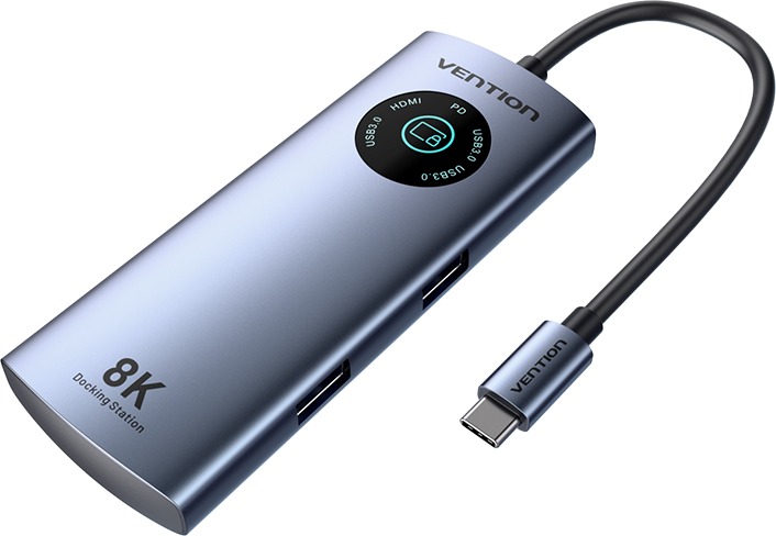 Vention USB-C to HDMI/USB 3.2 Gen 1 Type-C/USB 3.0*2/PD 8K Docking Station with LED Display 0.15M Al