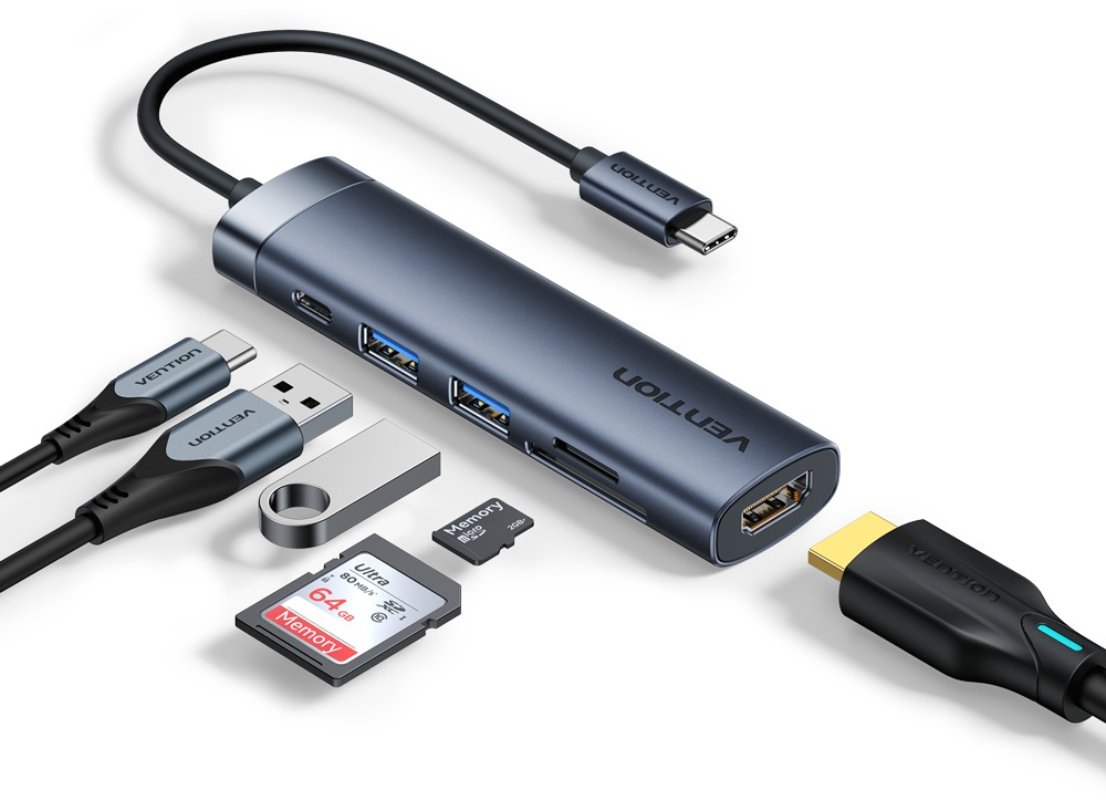 Vention USB-C to HDMI/USB 3.0×2 / SD / TF / PD Docking Station 0,15m Gray Aluminum Alloy Type