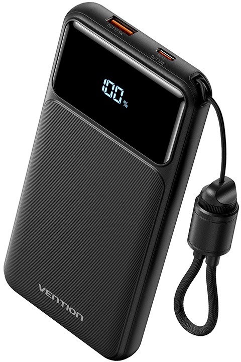 Vention 10000mAh Power Bank (USB-C + USB-A) with Built-in Cable 22,5W Black LED Display Type