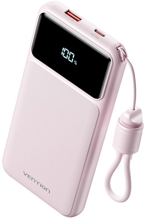 Vention 10000mAh Power Bank (USB-C + USB-A) with Built-in Cable 22,5W Pink LED Display Type