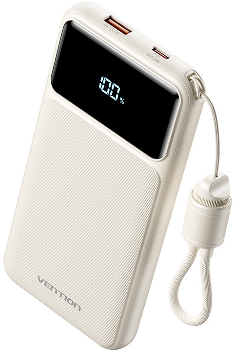 Vention 10000mAh Power Bank (USB-C + USB-A) with Built-in Cable 22,5W White LED Display Type