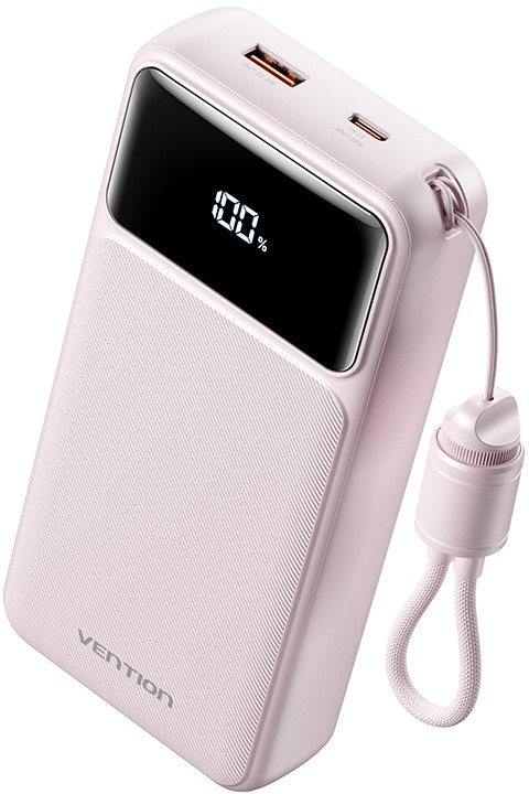 Vention 20000mAh Power Bank (USB-C + USB-A) with Built-in Cable 22,5W Pink LED Display Type