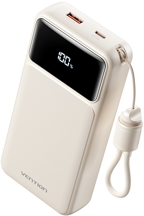 Vention 20000mAh Power Bank (USB-C + USB-A) with Built-in Cable 22,5W White LED Display Type