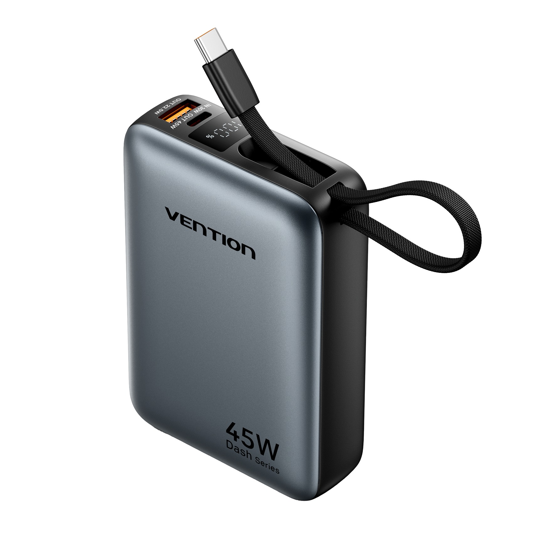 Vention 20000mAh Mini Power Bank (USB-C + USB-C/USB-A) with Built-in USB-C Cable 45W Gray Universal