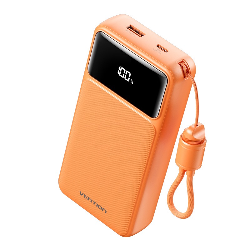 Vention 20000mAh Power Bank (USB-C + USB-A) with Built-in Cable 22,5W Orange LED Display Type