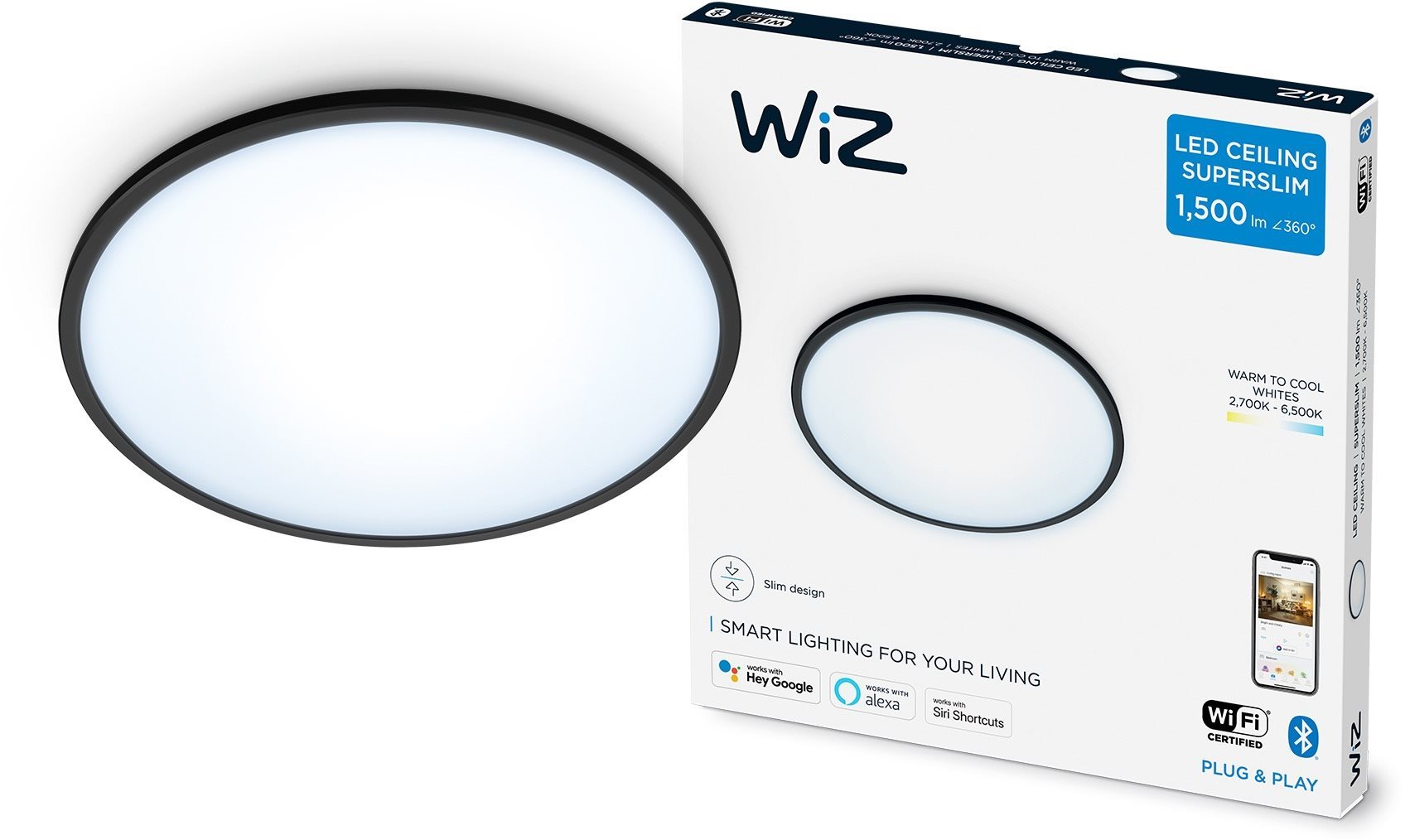 WiZ Tunable White SuperSlim mennyezeti lámpa 16W fekete